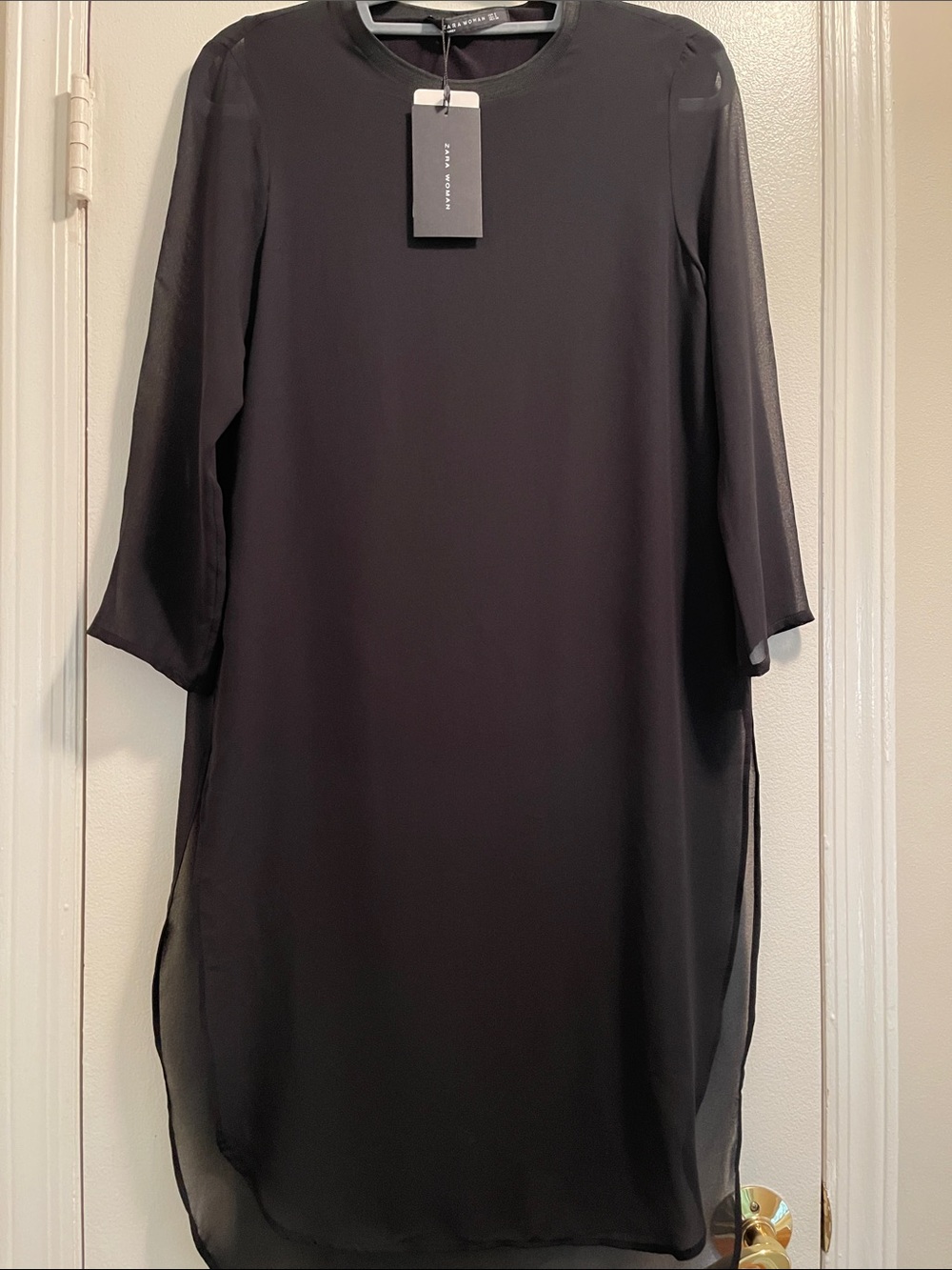 Zara Black Long-Sleeve Sheer-Panel Shift Dress